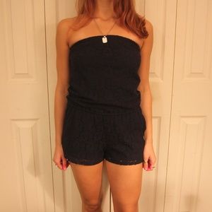 Navy blue lace strapless romper